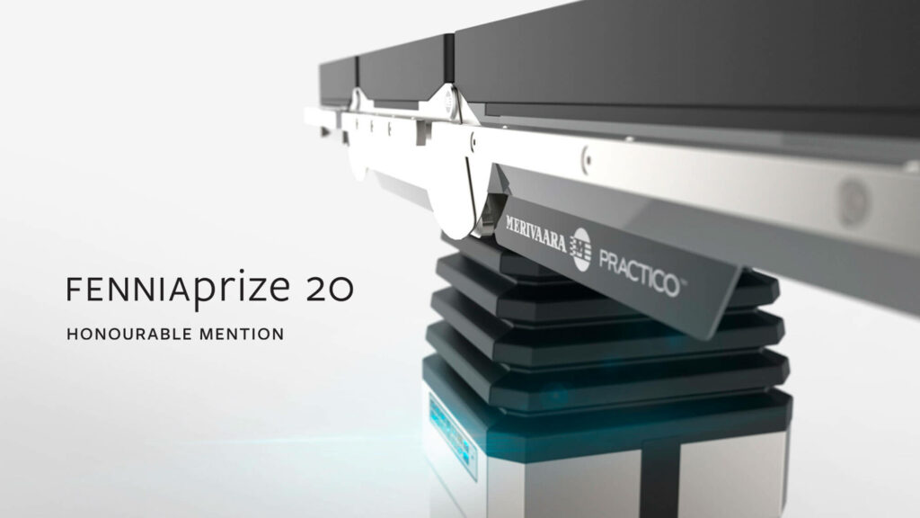 Image of Merivaara Smarter Practico OP table and Fenniaprize20 Honourable mention logo.