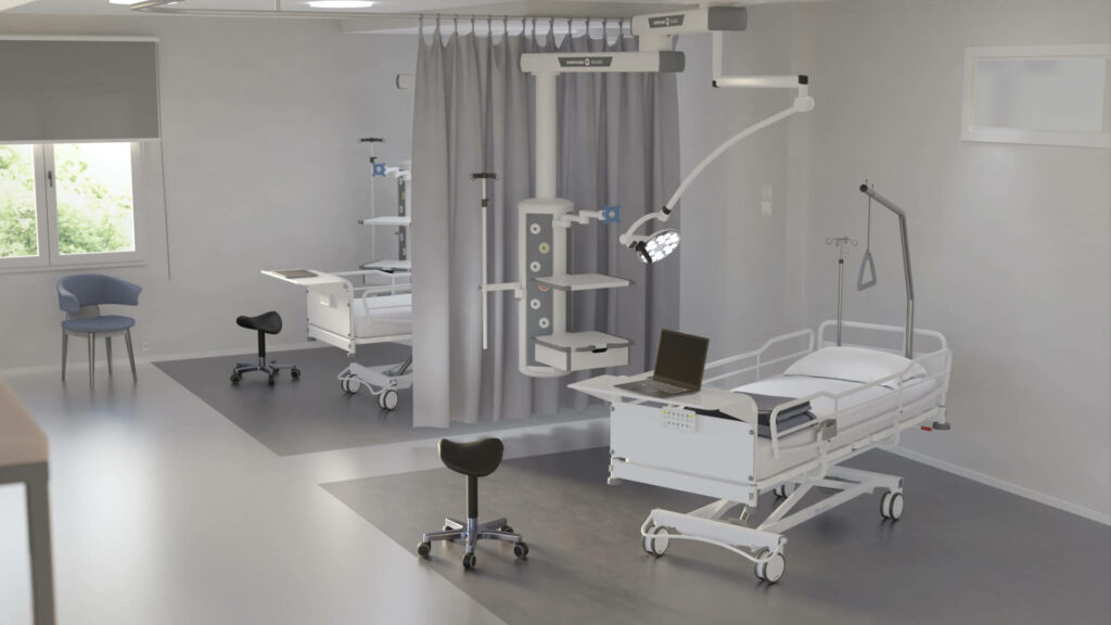 Image of Q-Flow 1 examination light and other Lojer Group products in intensive care unit.