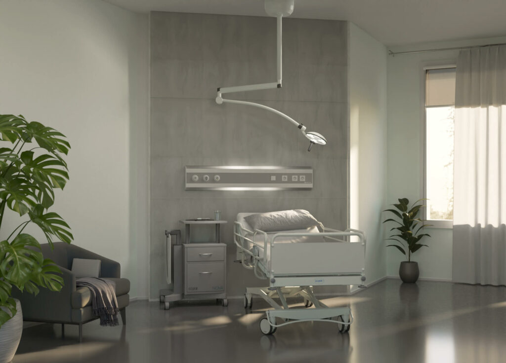Image of Q-Flow 1 examination light and other Lojer Group products in patient room.